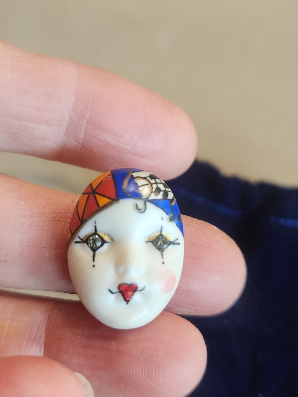 Hand-Painted Porcelain Clown Face Pendant - Blue & Red VINTAGE 1980'S